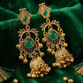 Antique Gold Plated Green Stone Traditional Jhumka Earrings for Women - First Cart
