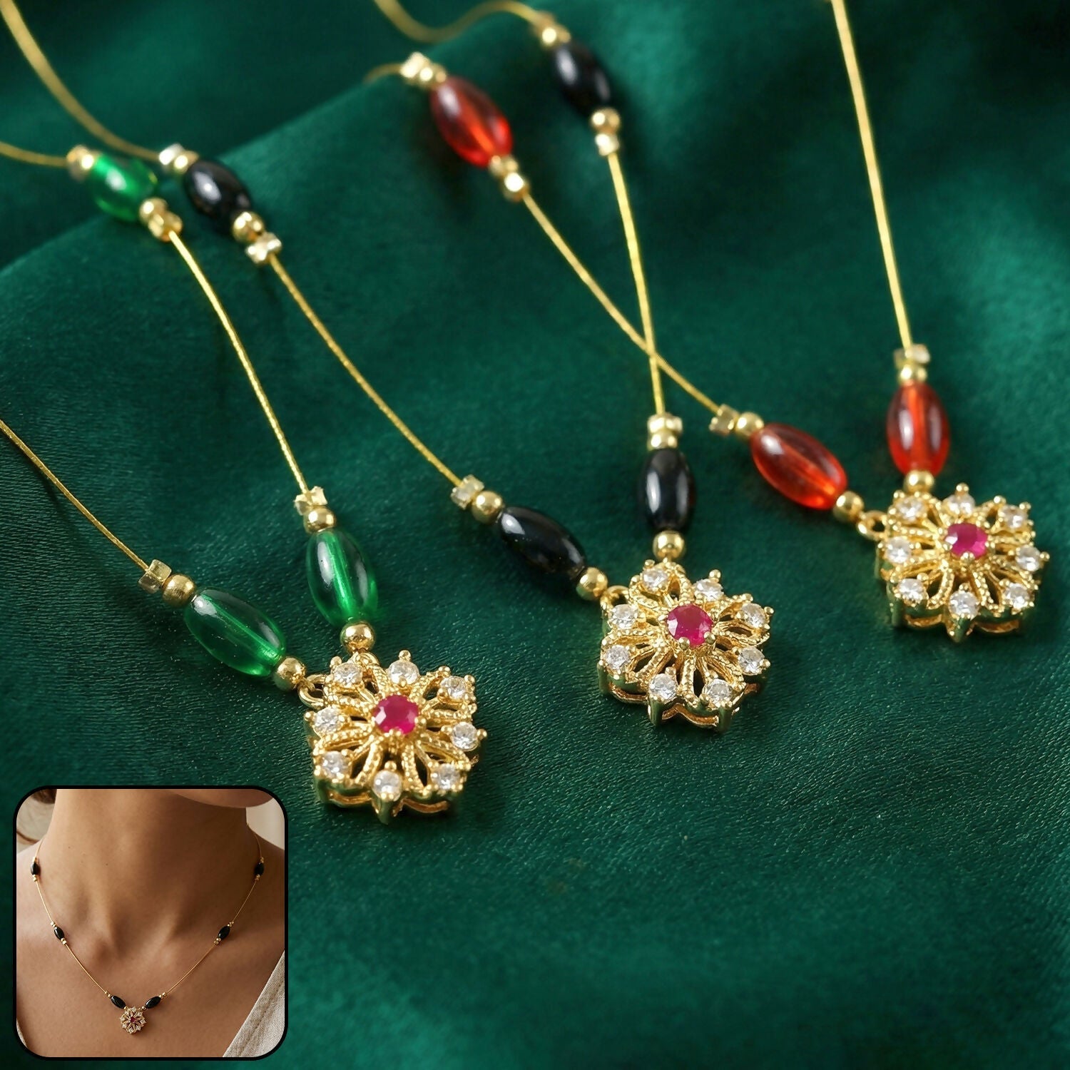 Classic Multicolor Bead Necklace with Floral Drop Pendant