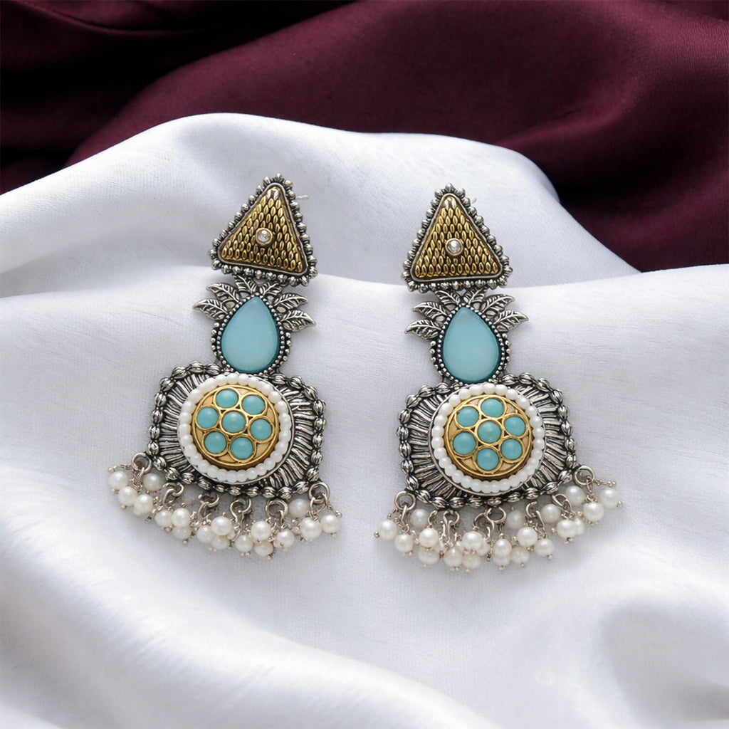 Oxidized Silver Dangle Earrings with Blue Stone & Pearl Drops