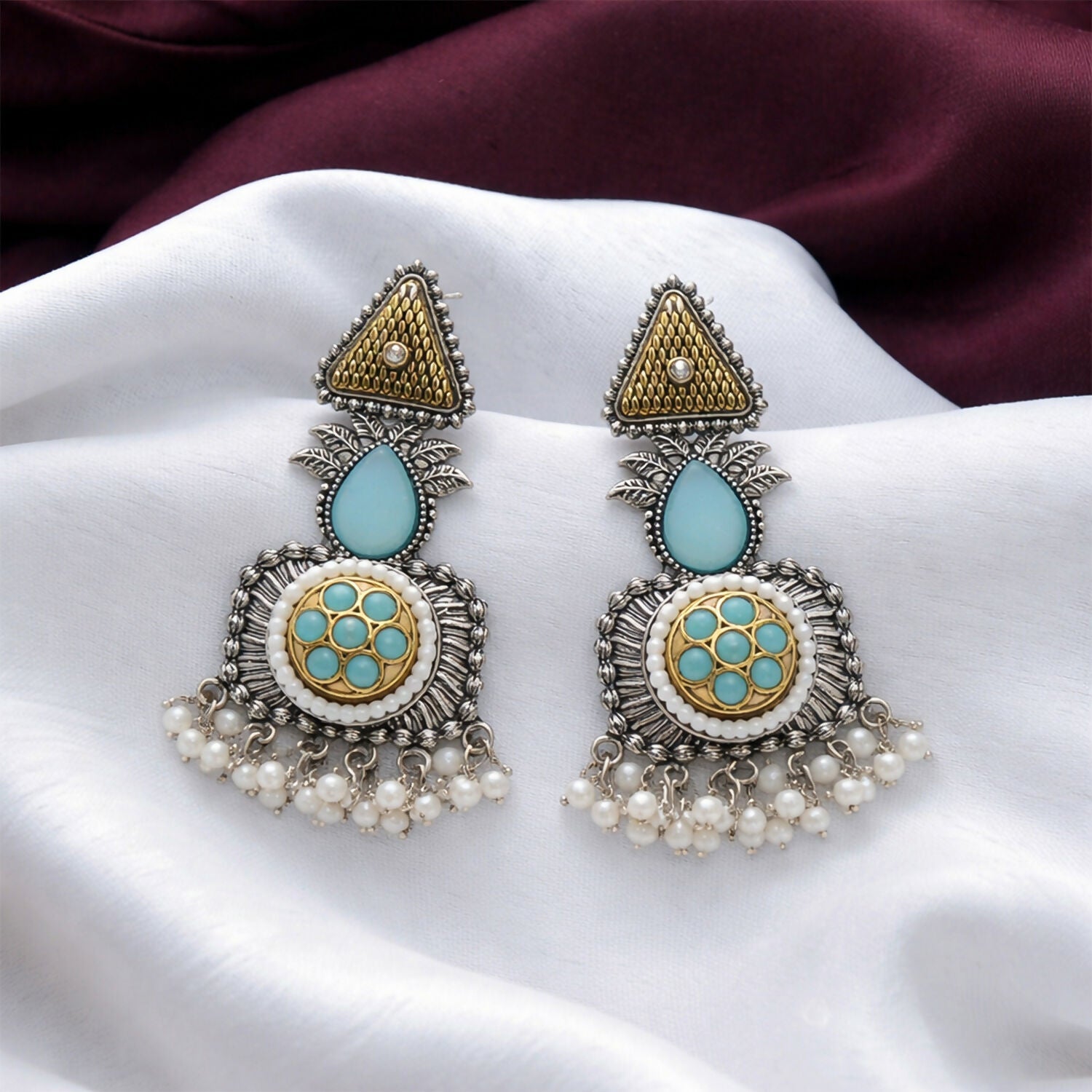 Oxidized Silver Dangle Earrings with Blue Stone & Pearl Drops