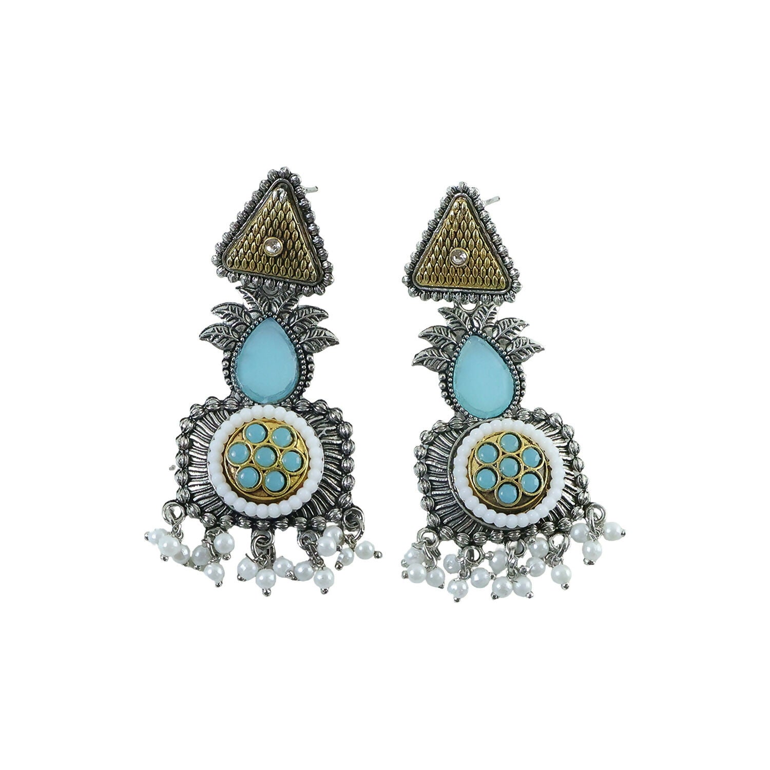 Oxidized Silver Dangle Earrings with Blue Stone & Pearl Drops