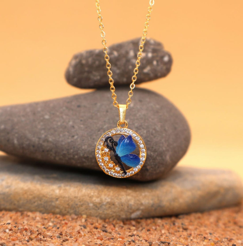 Enchanting Blue Butterfly Circle Pendant Necklace