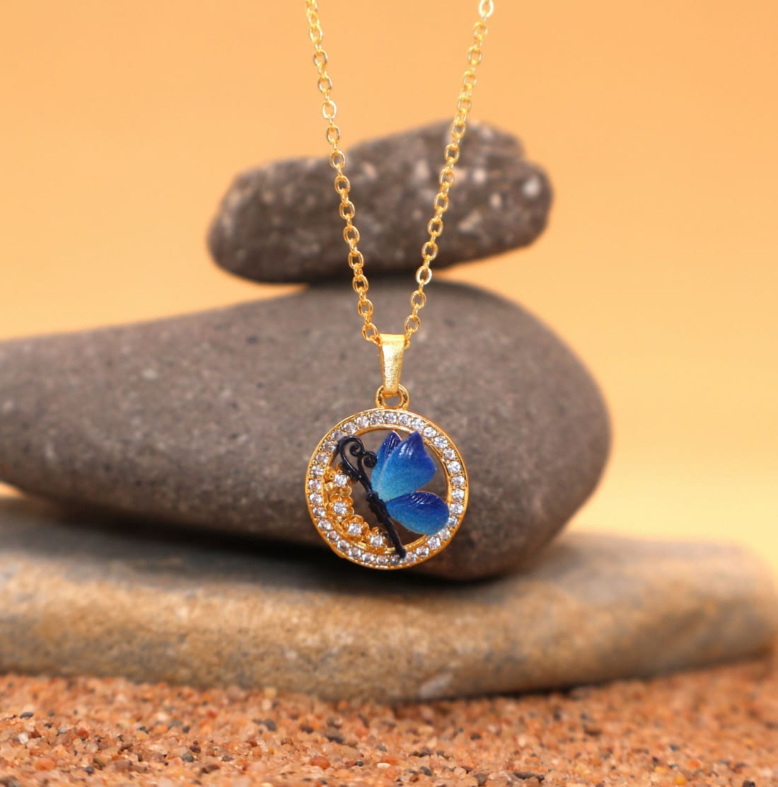 Enchanting Blue Butterfly Circle Pendant Necklace