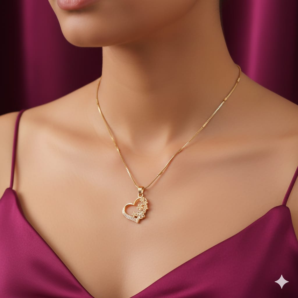 Heart-Shaped Floral Gold Pendant Necklace