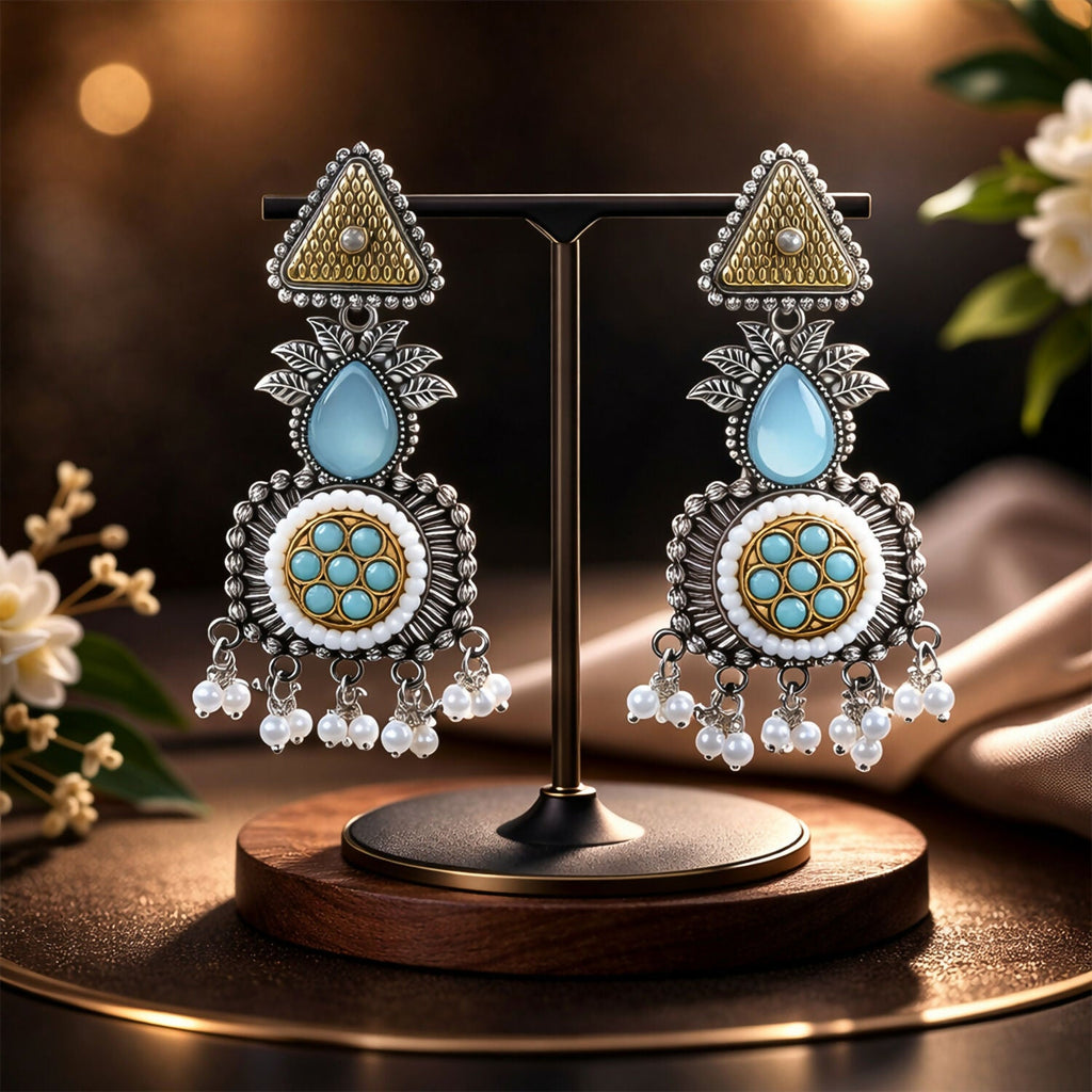 Oxidized Silver Dangle Earrings with Blue Stone & Pearl Drops