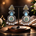 Oxidized Silver Dangle Earrings with Blue Stone & Pearl Drops