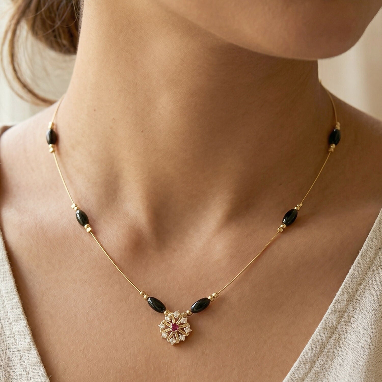 Classic Multicolor Bead Necklace with Floral Drop Pendant