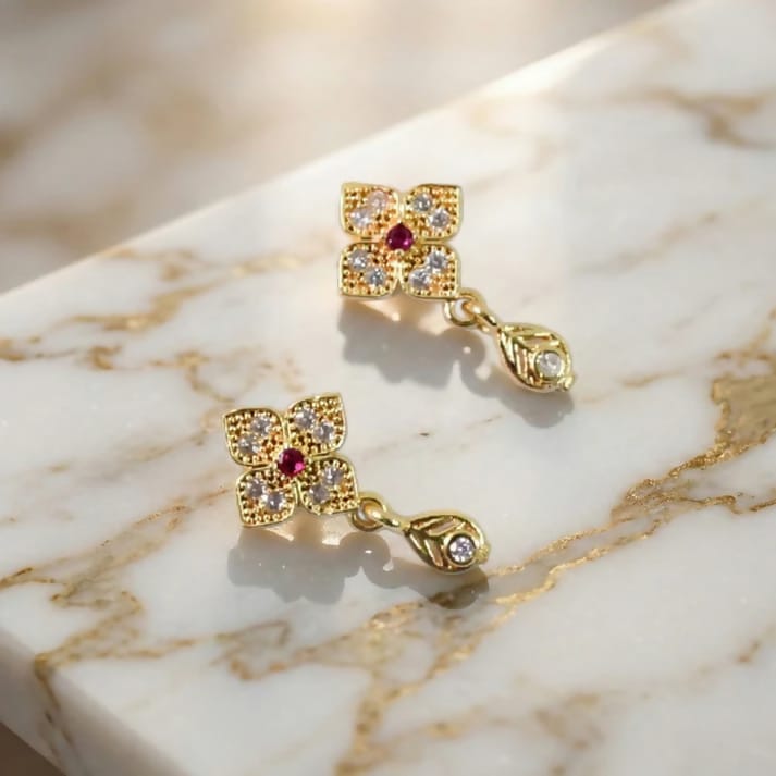 Floral Gold Drop Earrings with Ruby Crystal – Elegant Teardrop Dangle Jewelry for Women