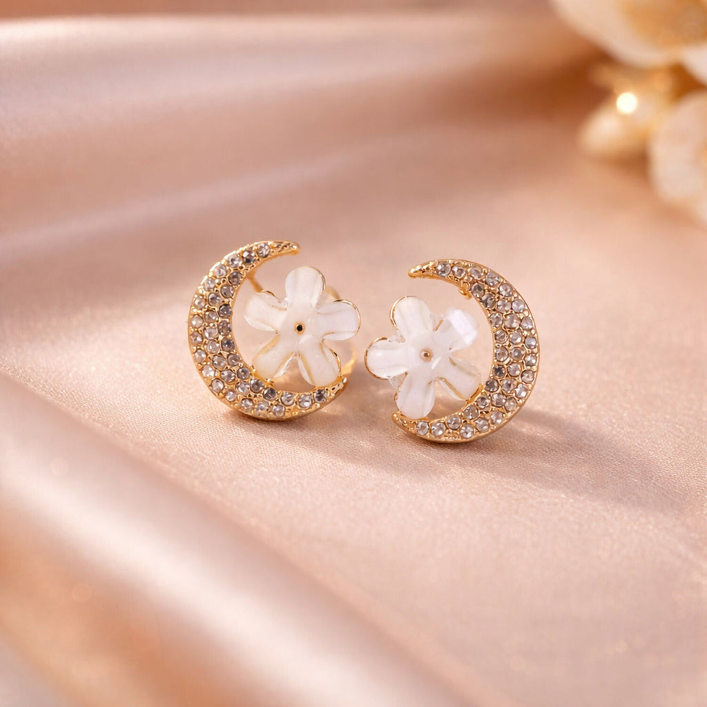 Elegant Gold Moon & Flower Design Crystal Stud Earrings for Women