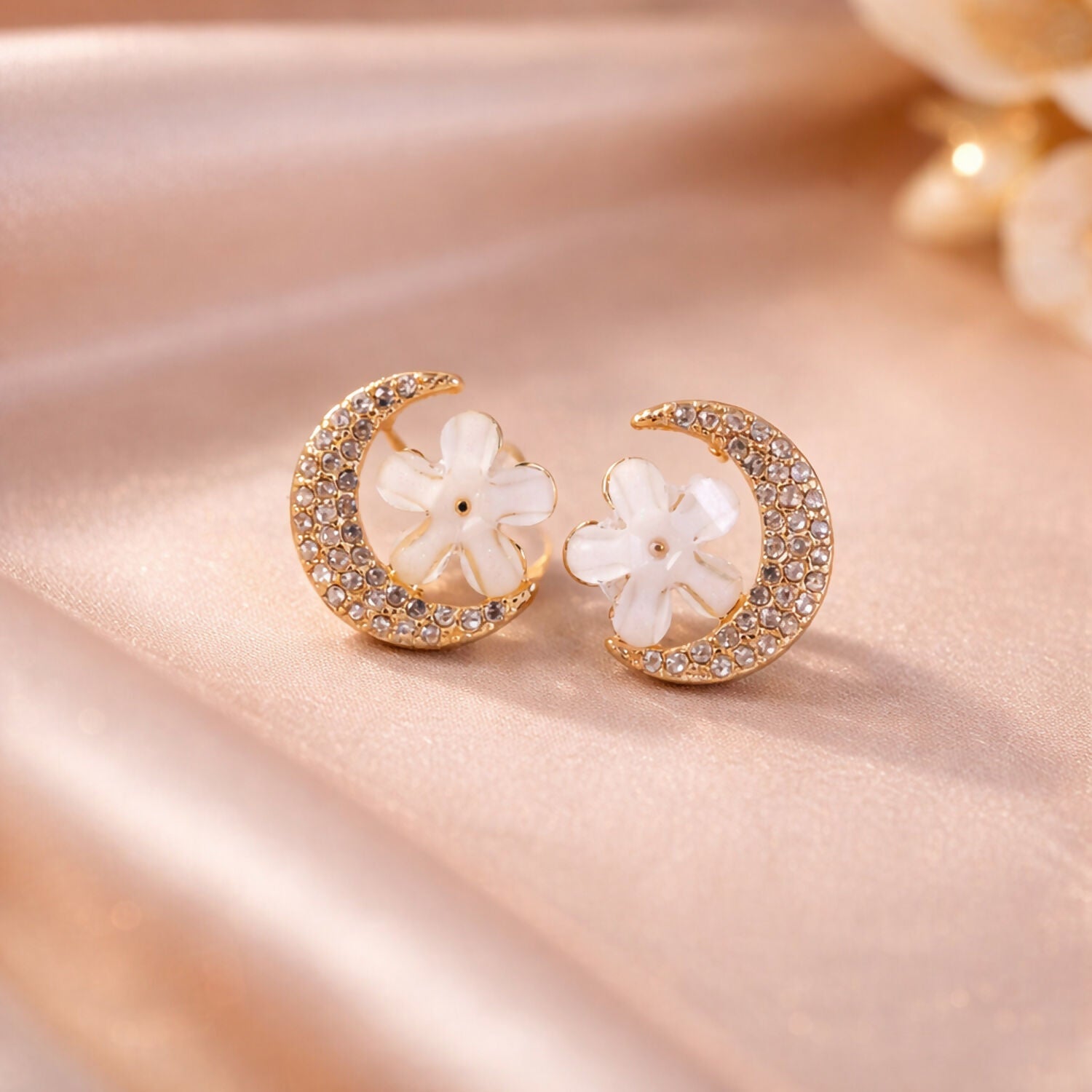Elegant Gold Moon & Flower Design Crystal Stud Earrings for Women