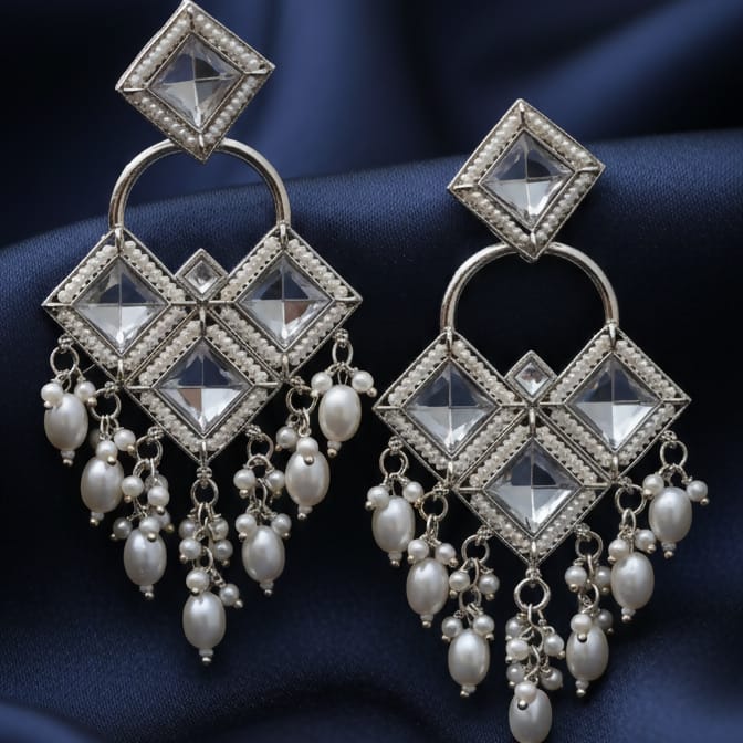 Vintage Silver-Toned Kundan & Pearl Jhumkas – Elegant Traditional Statement Earrings