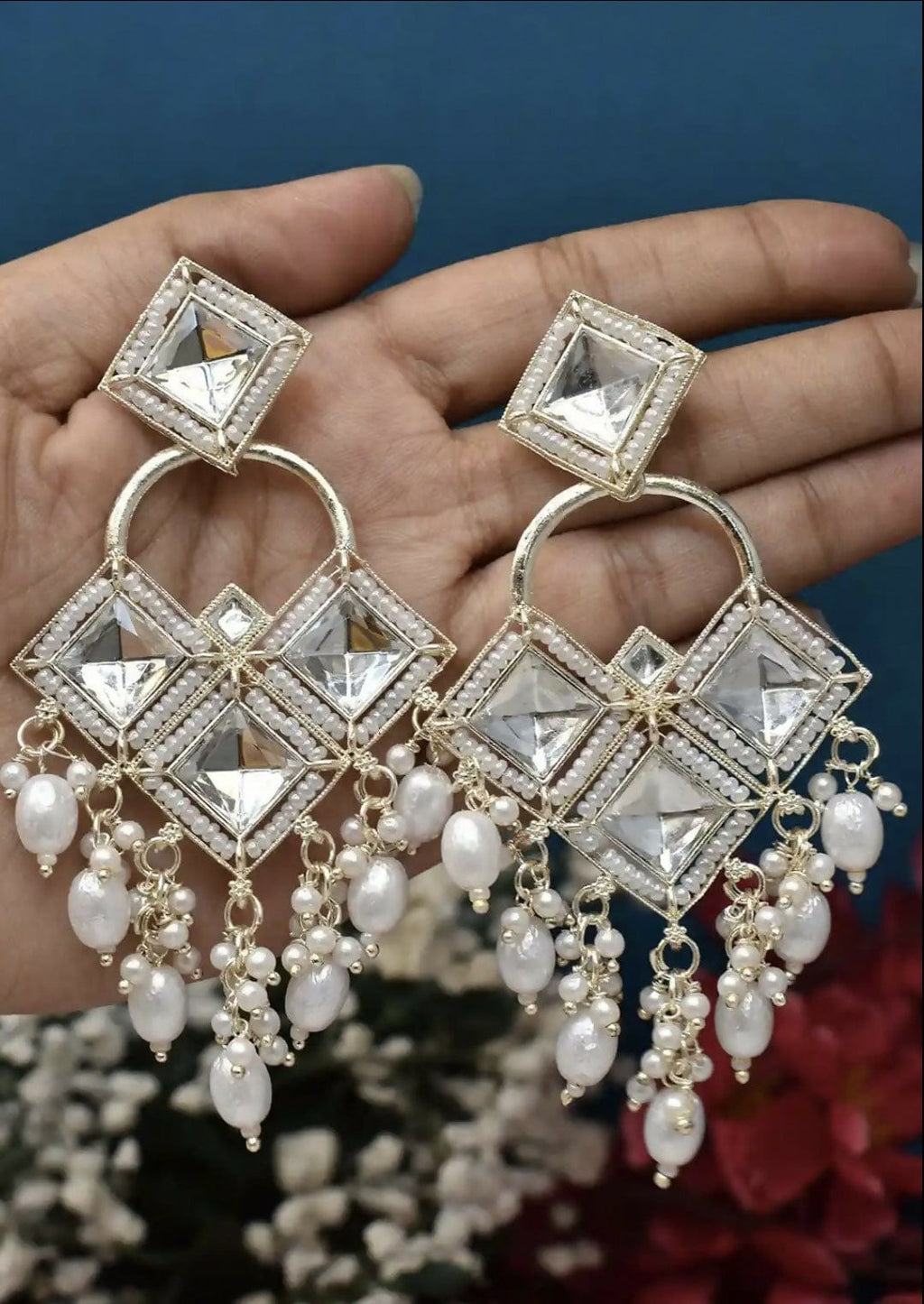 Vintage Silver-Toned Kundan & Pearl Jhumkas – Elegant Traditional Statement Earrings