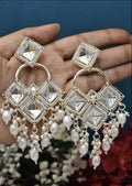 Vintage Silver-Toned Kundan & Pearl Jhumkas – Elegant Traditional Statement Earrings