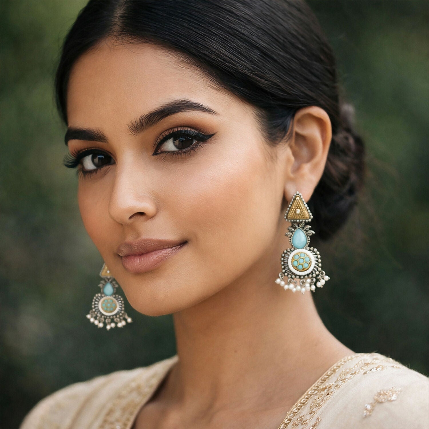 Oxidized Silver Dangle Earrings with Blue Stone & Pearl Drops