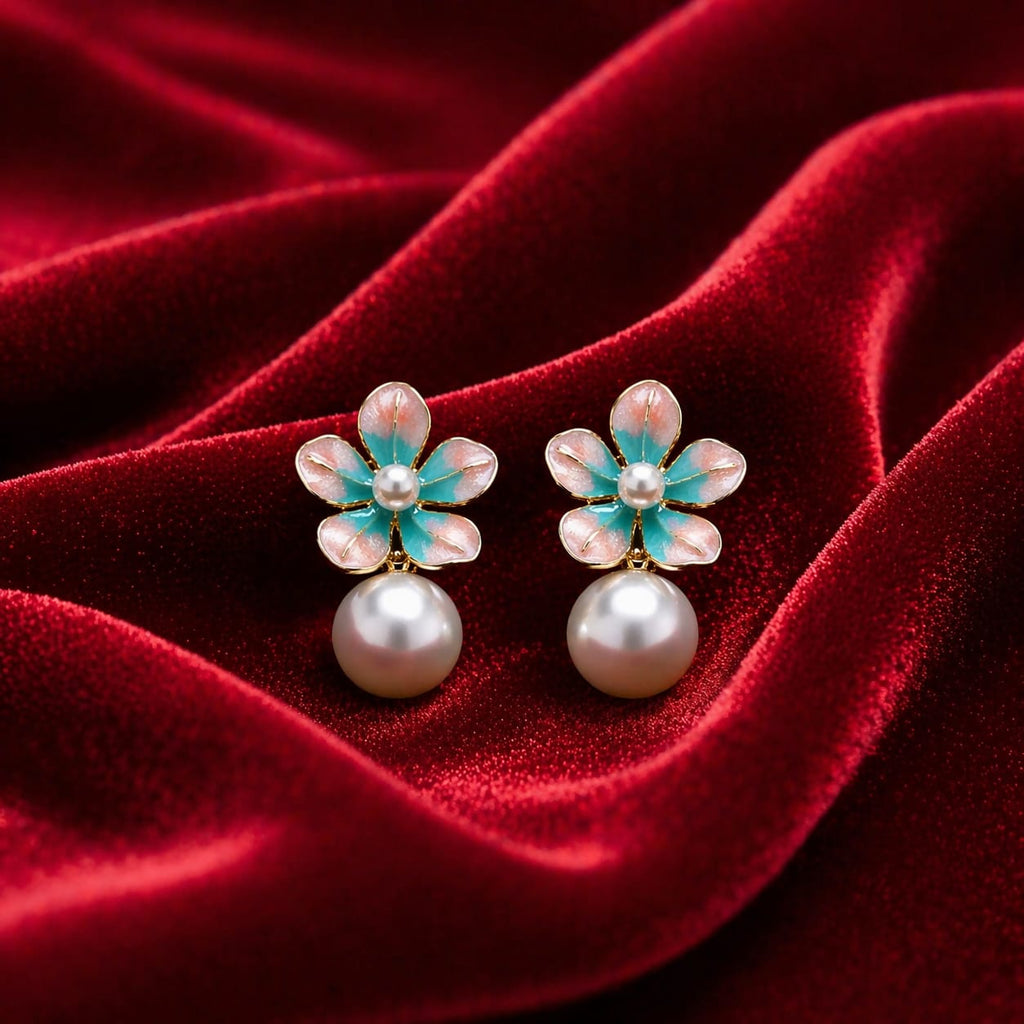 Floral Pearl Drop Earrings for Women – Elegant Gold-Plated Enamel Flower Jewelry