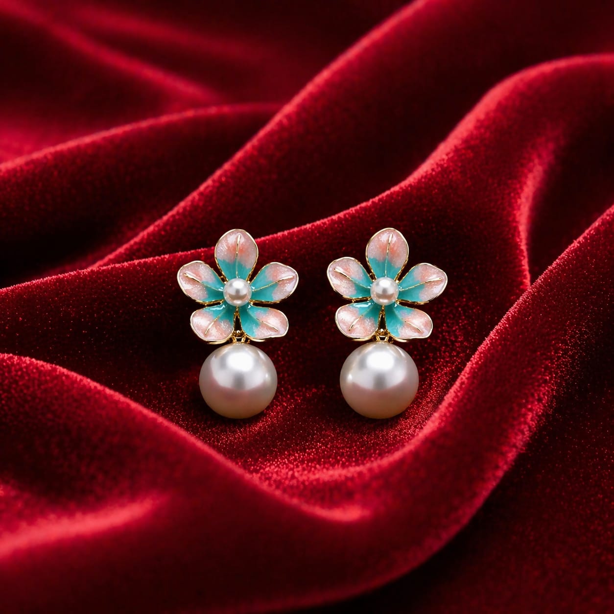 Floral Pearl Drop Earrings for Women – Elegant Gold-Plated Enamel Flower Jewelry