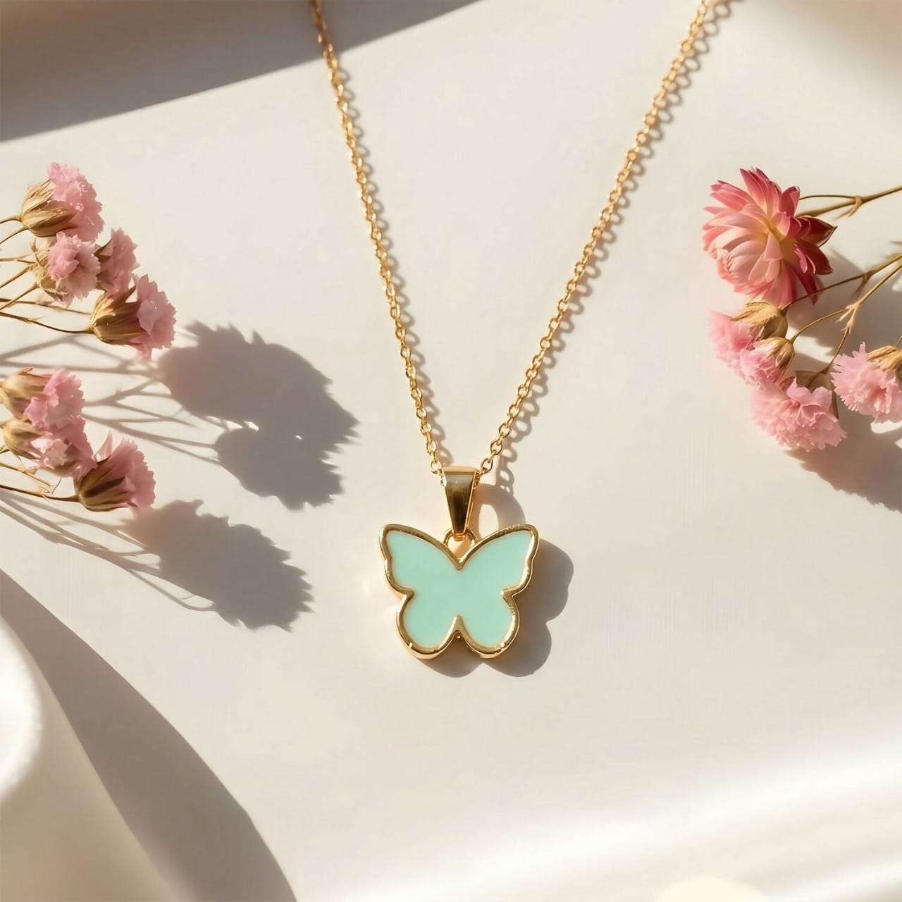 Elegant Butterfly Gold Pendant Necklace with Soft Color Enamel