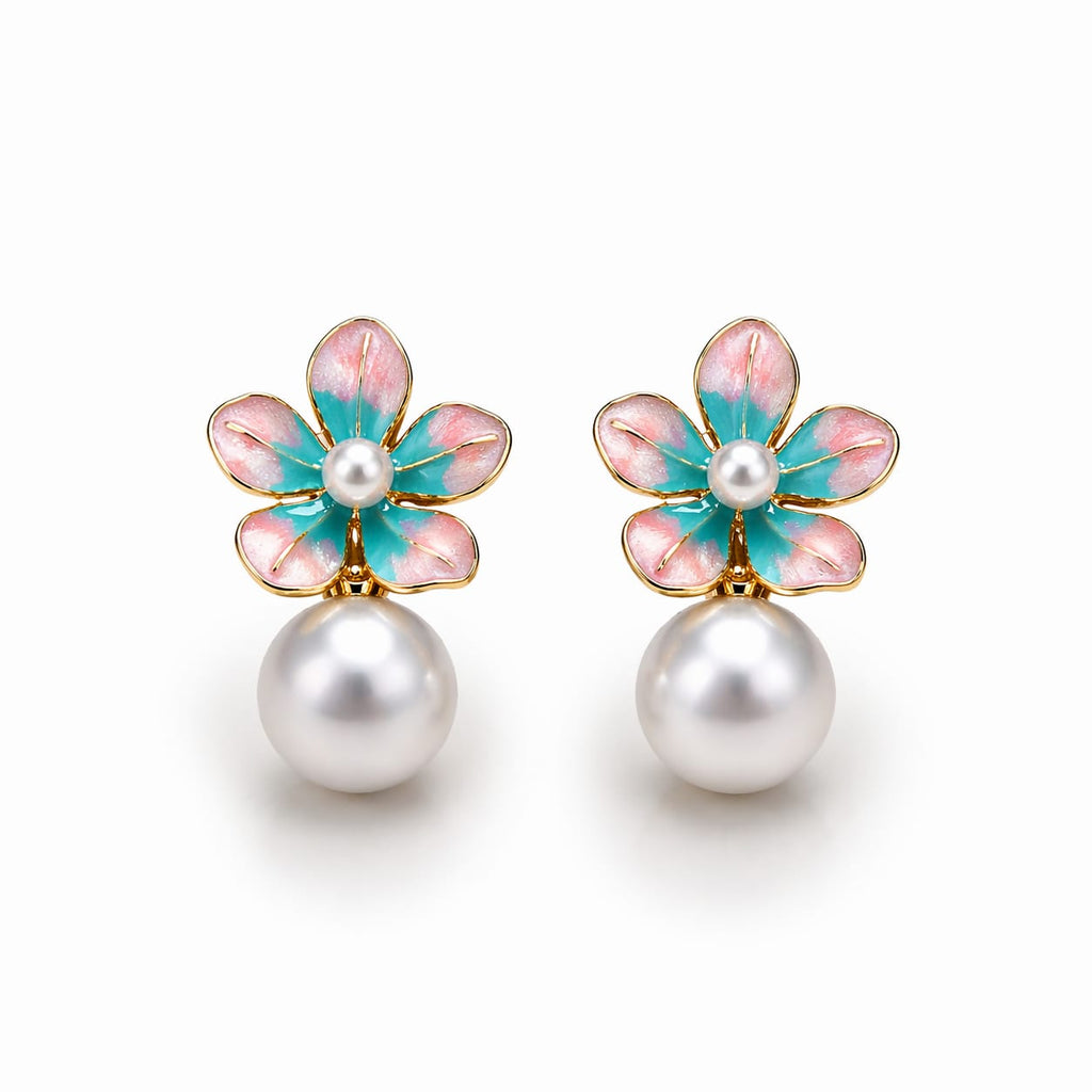 Floral Pearl Drop Earrings for Women – Elegant Gold-Plated Enamel Flower Jewelry