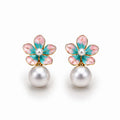 Floral Pearl Drop Earrings for Women – Elegant Gold-Plated Enamel Flower Jewelry