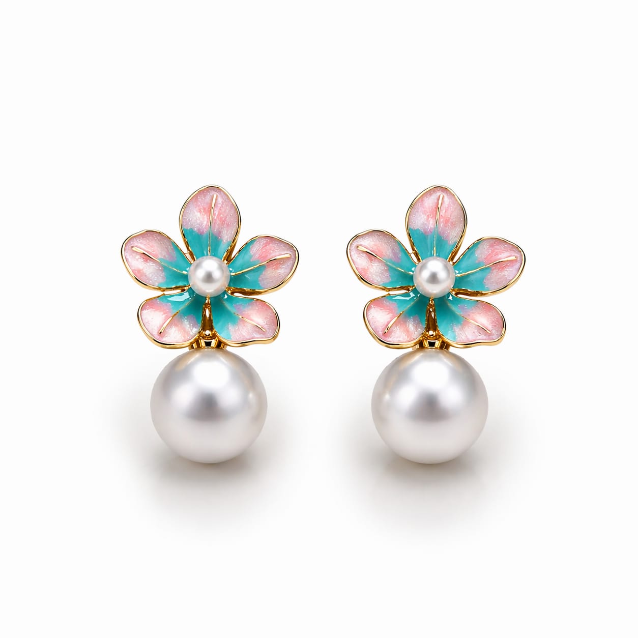 Floral Pearl Drop Earrings for Women – Elegant Gold-Plated Enamel Flower Jewelry