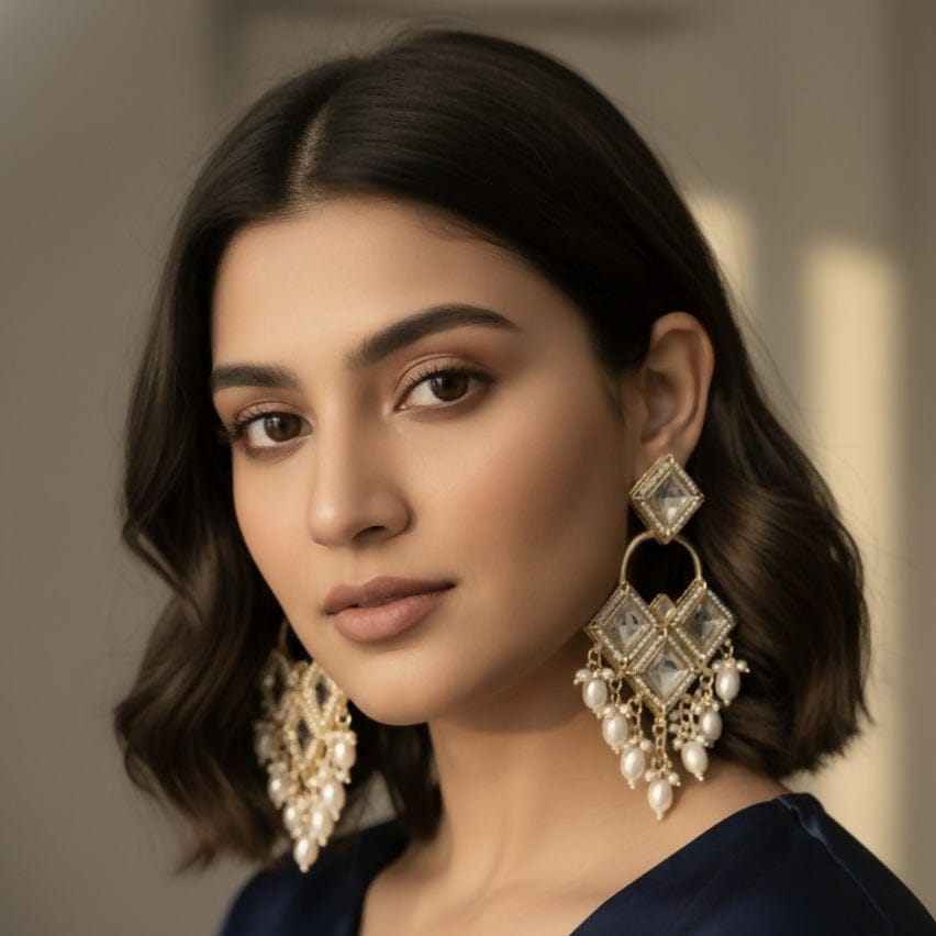 Vintage Silver-Toned Kundan & Pearl Jhumkas – Elegant Traditional Statement Earrings