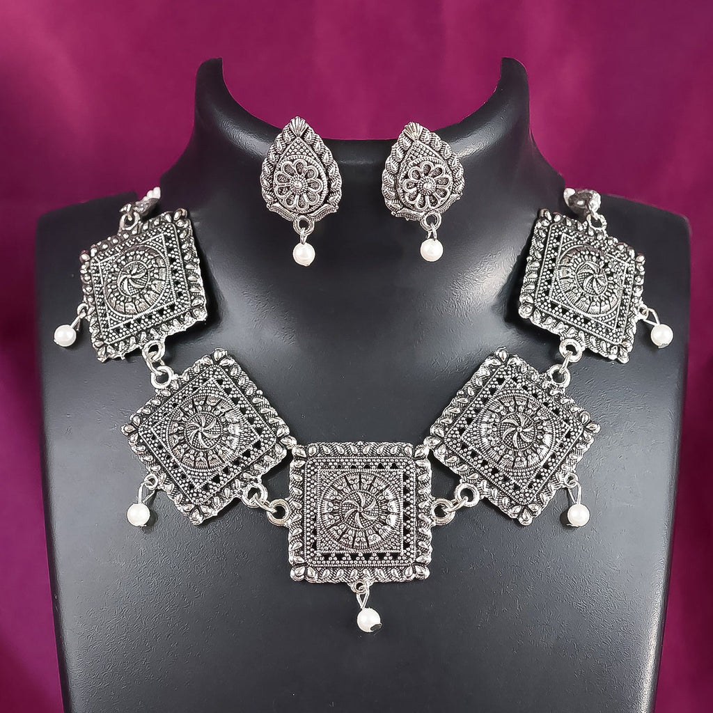 Brass Choker Neckless With Same Pattern Earrings (2Pc) - First Cart
