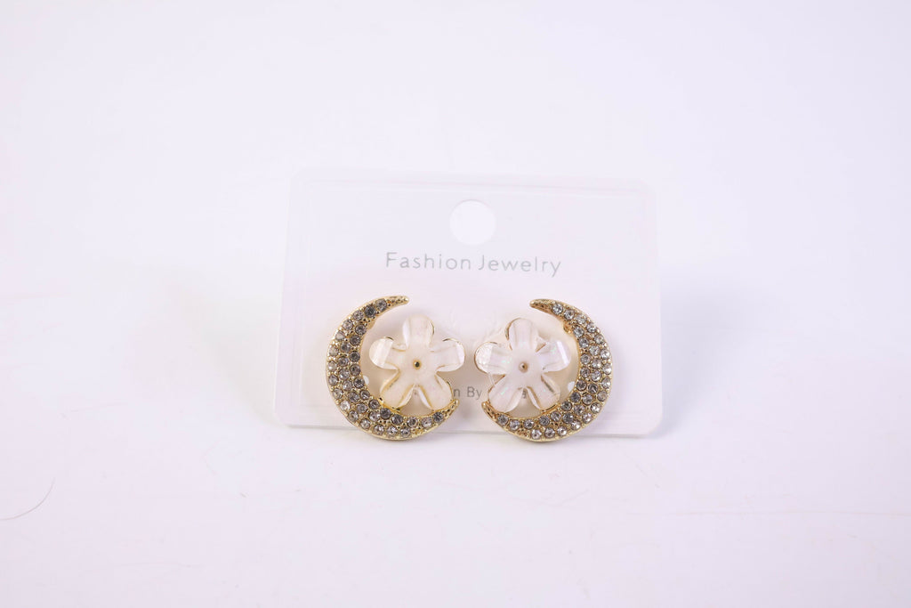 Elegant Gold Moon & Flower Design Crystal Stud Earrings for Women
