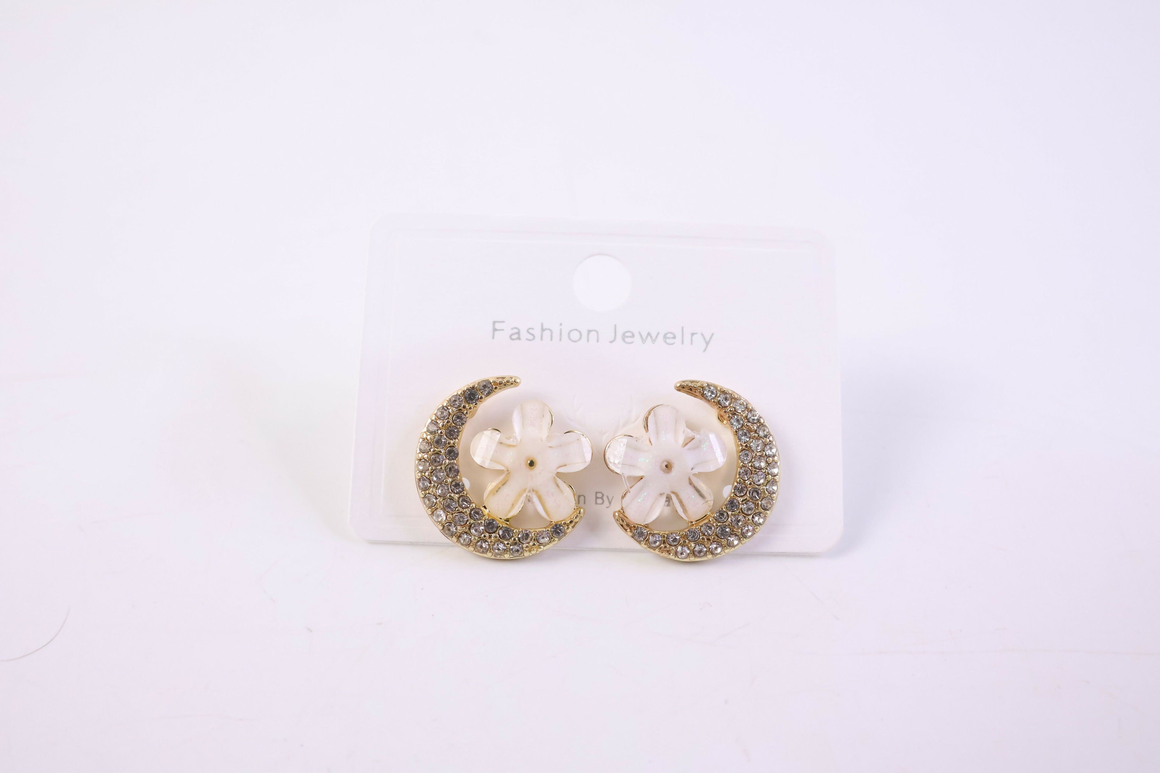 Elegant Gold Moon & Flower Design Crystal Stud Earrings for Women