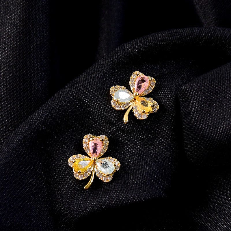 Multicolor Crystal Clover Stud Earrings with Gold Finish for Women