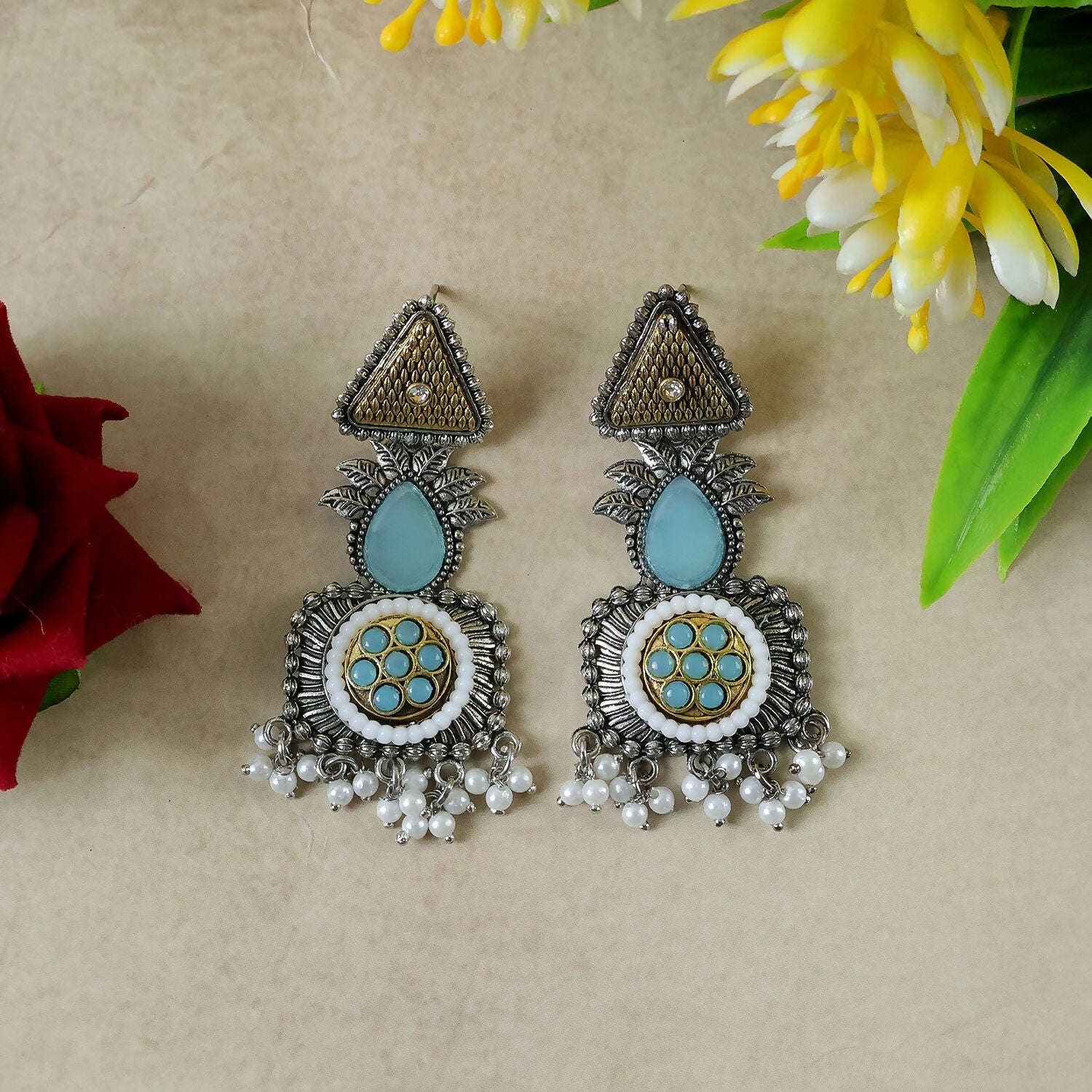 Oxidized Silver Dangle Earrings with Blue Stone & Pearl Drops
