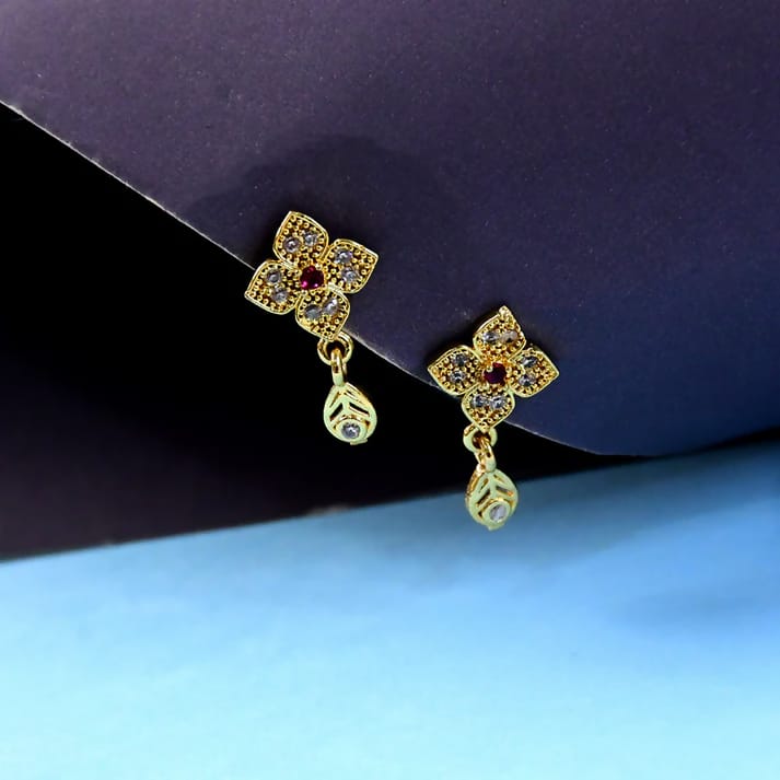 Floral Gold Drop Earrings with Ruby Crystal – Elegant Teardrop Dangle Jewelry for Women