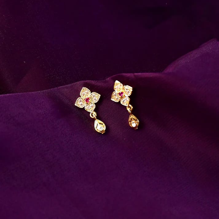Floral Gold Drop Earrings with Ruby Crystal – Elegant Teardrop Dangle Jewelry for Women