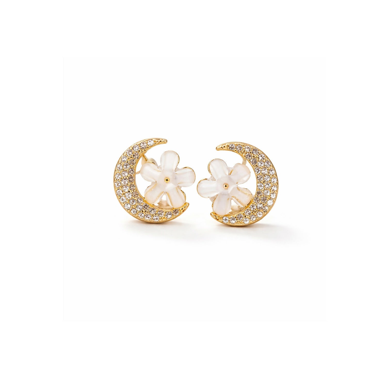 Elegant Gold Moon & Flower Design Crystal Stud Earrings for Women