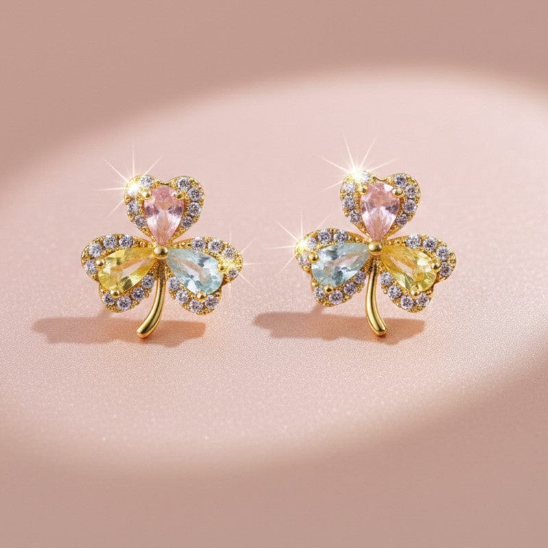 Multicolor Crystal Clover Stud Earrings with Gold Finish for Women