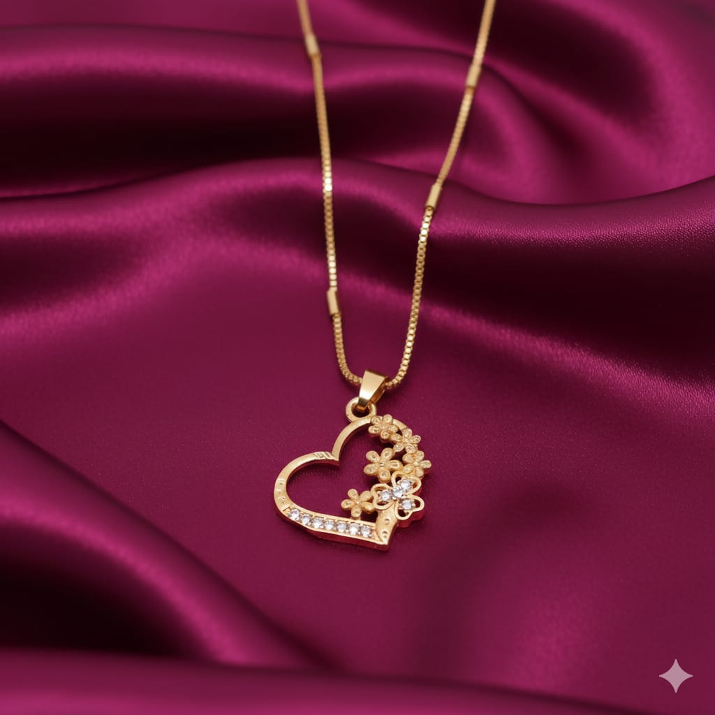 Heart-Shaped Floral Gold Pendant Necklace