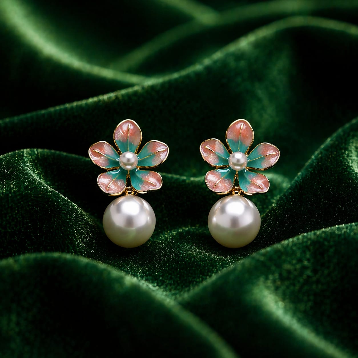 Floral Pearl Drop Earrings for Women – Elegant Gold-Plated Enamel Flower Jewelry