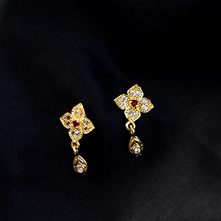 Floral Gold Drop Earrings with Ruby Crystal – Elegant Teardrop Dangle Jewelry for Women