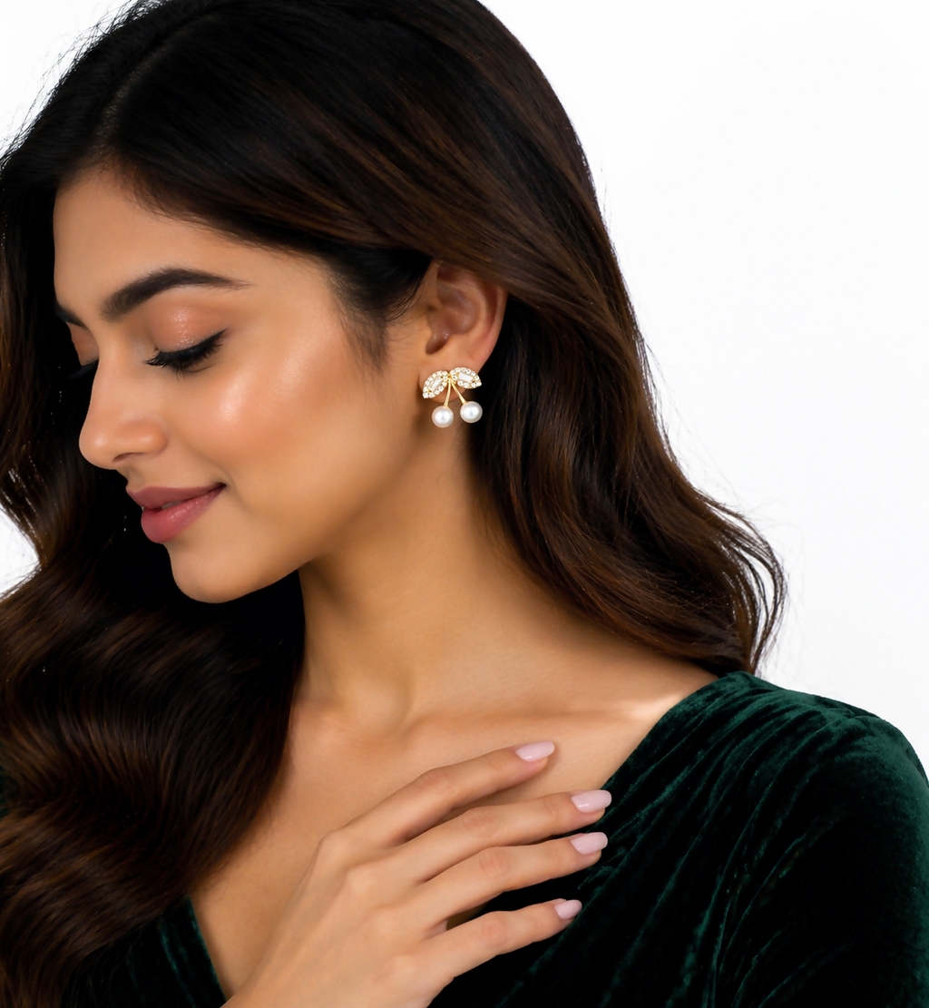 Elegant Cherry Pearl Drop Earrings for Women Gold Plated Korean Style Jewelry