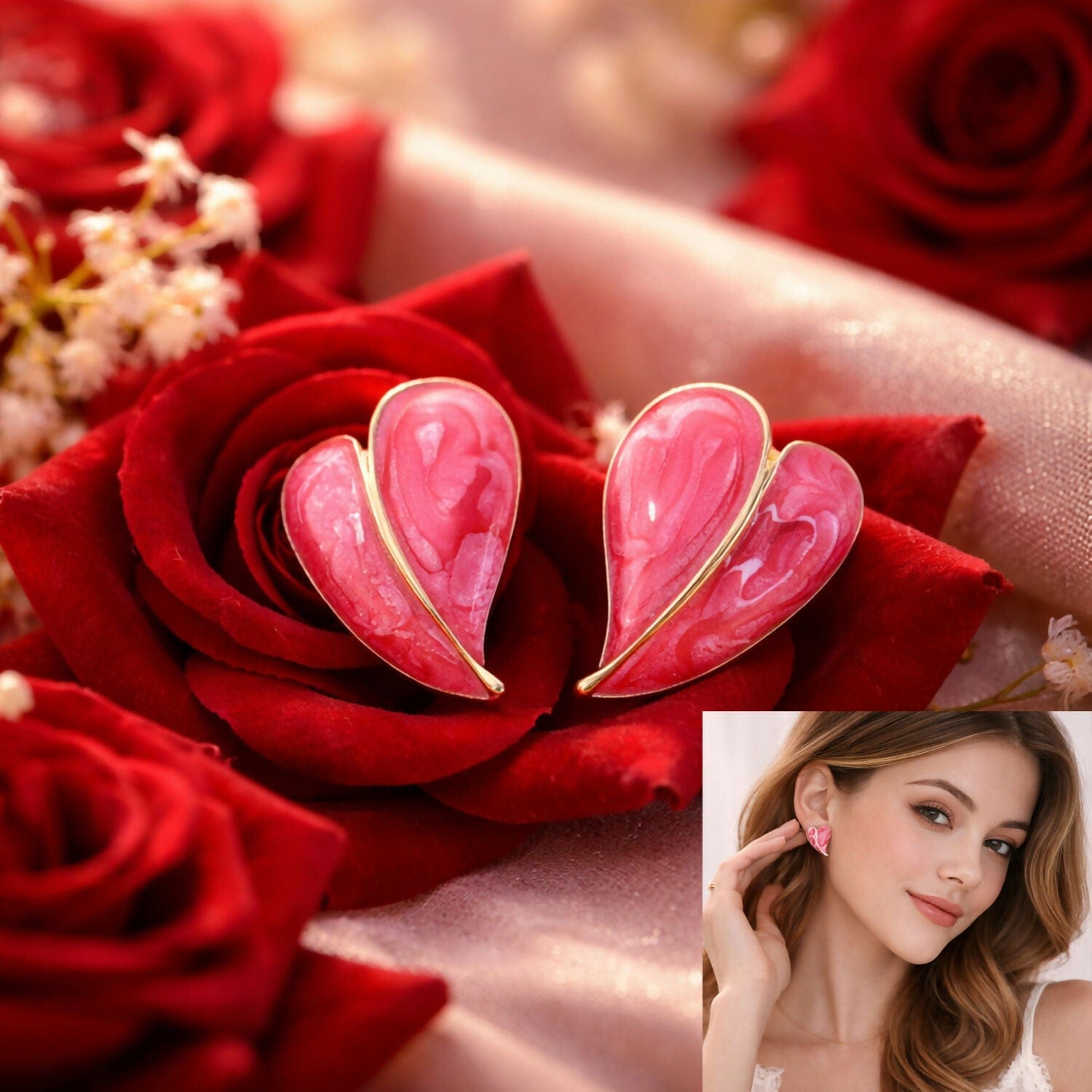 Elegant Red Glossy Leaf Design Stud Earrings for Women with Gold Outline