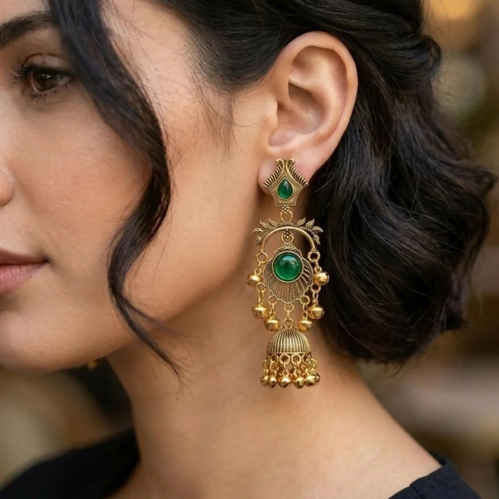 Antique Gold Plated Green Stone Traditional Jhumka Earrings for Women - First Cart