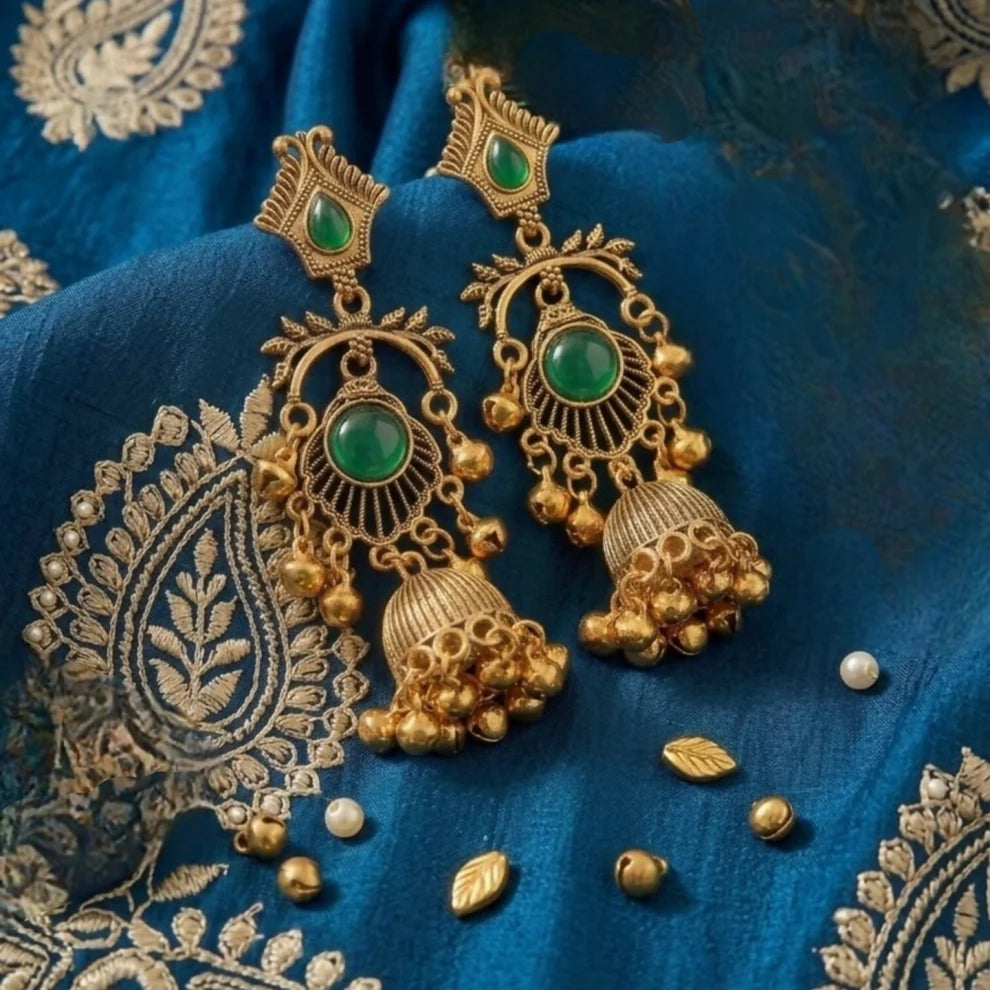 Antique Gold Plated Green Stone Traditional Jhumka Earrings for Women - First Cart